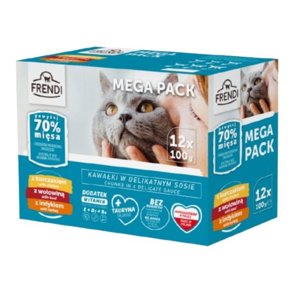 FRENDI-Kapsičky pre mačky-kura/hovädzina/morka 12x100g