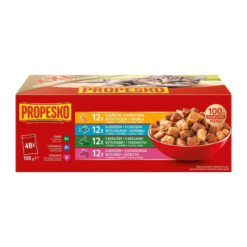 PROPESKO • XXL BOX pre mačky • kura/králik/losos/hovädzie mäso v omáčke • 48x100g